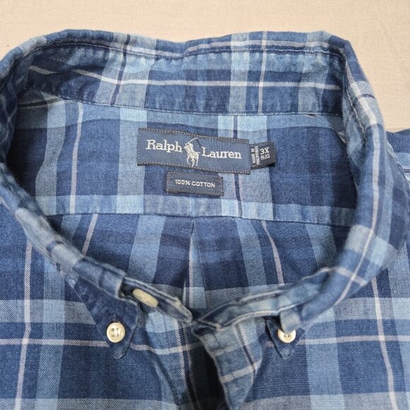 Polo Ralph Lauren 3X BIG Blue Plaid Short Sleeve 100% Cotton Button Down Shirt - Picture 3 of 10